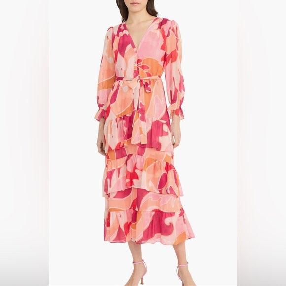Donna Morgan Dresses & Skirts - Donna Morgan Long Sleeve Ruffle Tier Print Chiffon Maxi Dress Size 2
